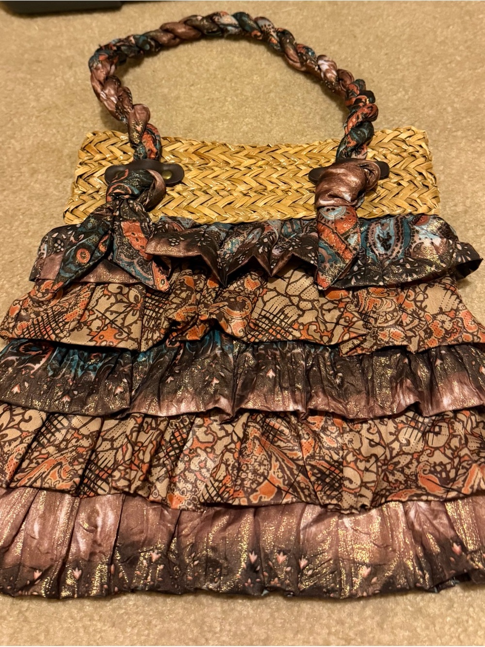 Sun and Sand Ruffled Straw-Top Boho Tote in Metallic Copper and Multi-Print